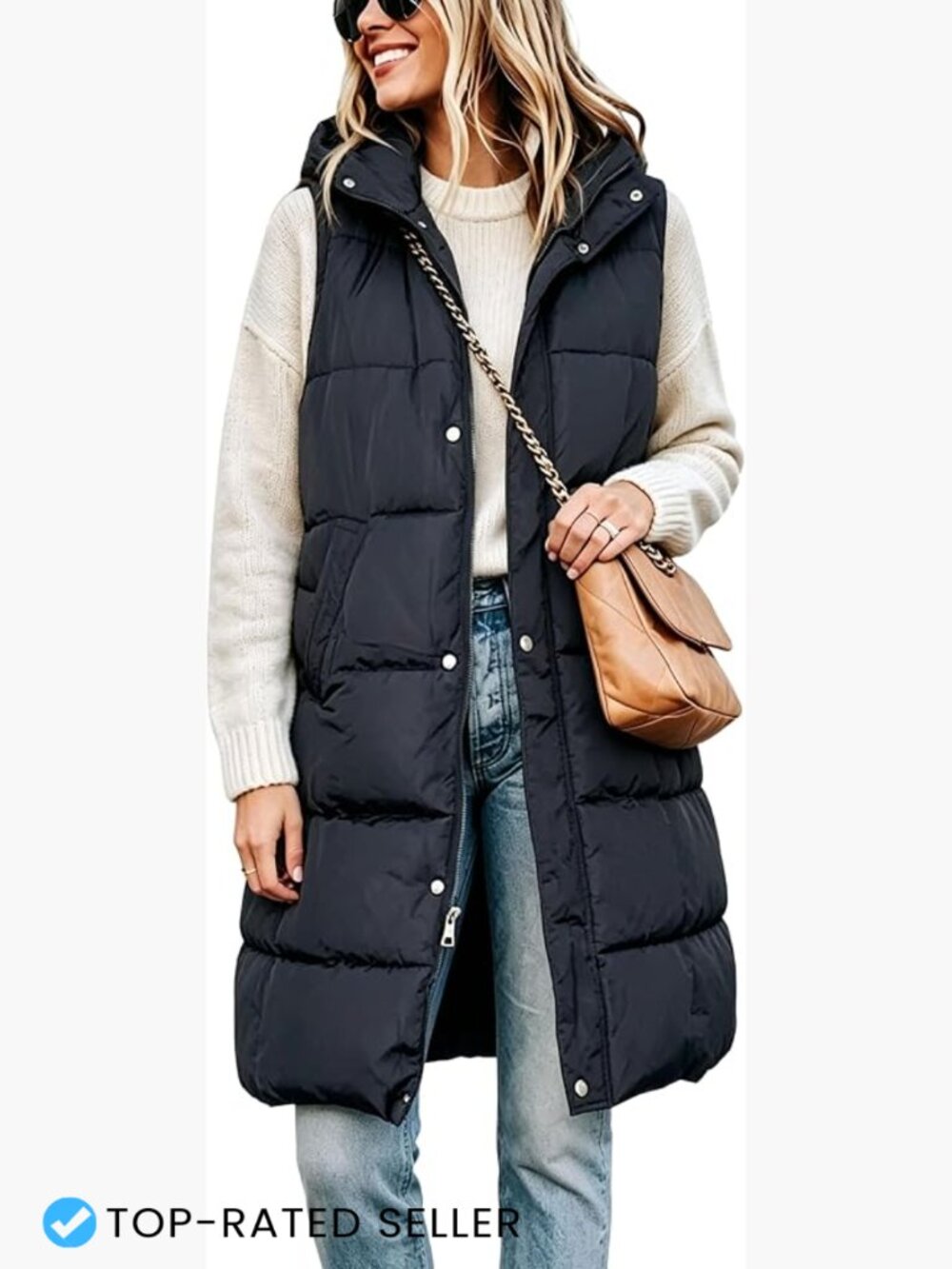 Long Puffer Vest Sleeveless Quilted Hooded Mid Length Winter Layering